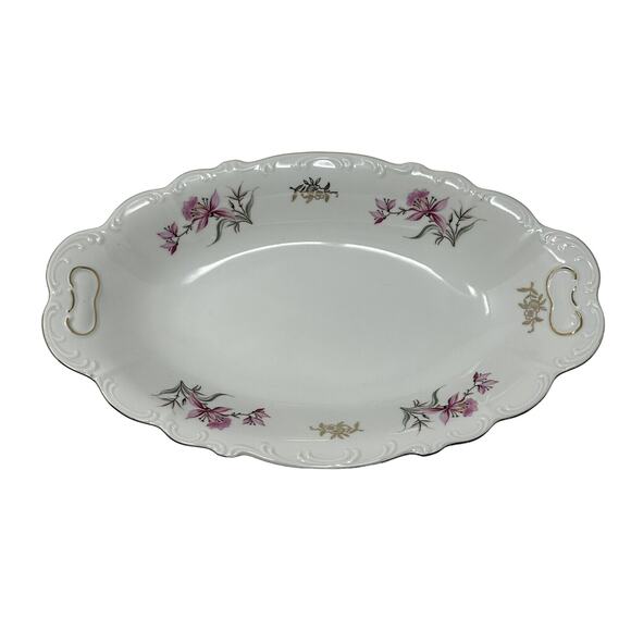 Fine Bohemian China Oval Serving Bowl 13" Long Pink Lily Gold Czechoslovakia Vtg - Picture 1 of 7